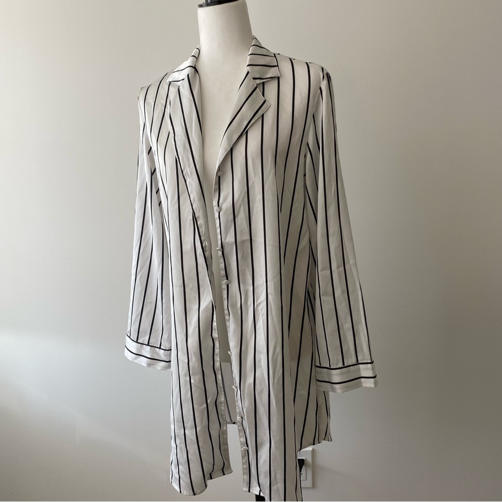 La Vie En Rose Black and White Vertical Stripe Satin Shirt - Picture 3 of 10